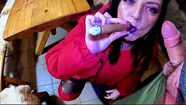 Cigar Blowjob and Ripped Pantyhose - Pussy Massage and Cum on My Downjacket