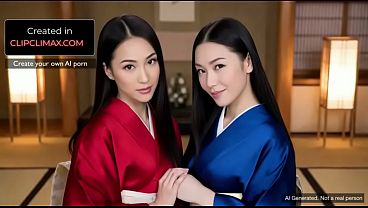 AI Generated Two Japanese Girls in Kimono Share American Tourist - Double Blowjob & Threesome