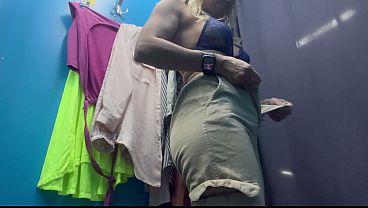 Dressing room. Cmera show. Russian girl with big boobs and nipples change clothes. Kriss Wou