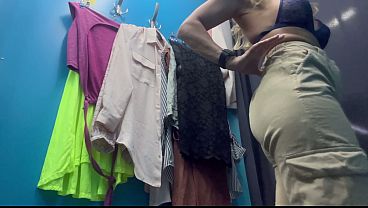 Dressing room. Cmera show. Russian girl with big boobs and nipples change clothes. Kriss Wou