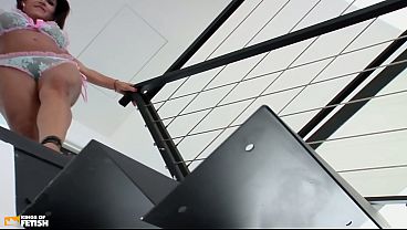 Busty babe plays with her bush and squirts after getting her ass smashed by a tattooed man on the chair