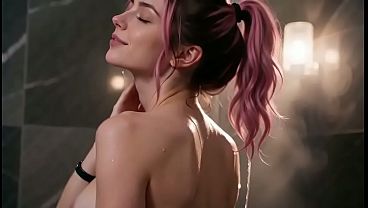AI Generated Elf Viking goddess Seduction: Pink Hair Pole Dance & Shower Kiss