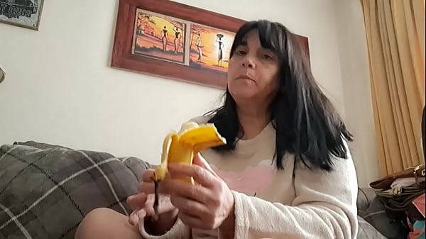 stepmother flirting with banana with young excited friend