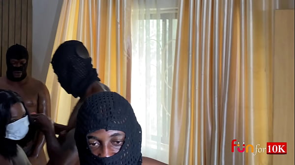 mask guys having an oily threesome fuck