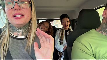 The Japanese girl and the brunette had great sex in the car. We called a parking attendant and a veterinarian to be porn actresses!