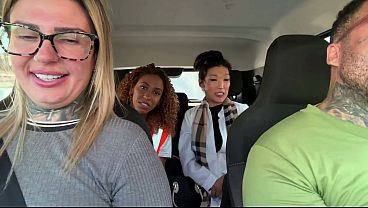 The Japanese girl and the brunette had great sex in the car. We called a parking attendant and a veterinarian to be porn actresses!