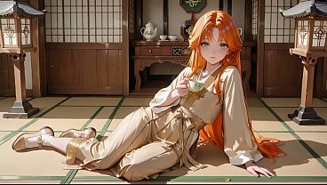AI Generated - Orange-haired Geisha Girl! Sun-drenched Japanese wooden room, she kneels to adjust her sash, a lazy glance that makes you wet instantly.