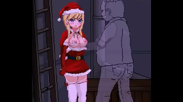 Hot blonde in santa claus vest having sex with a man in hentai game
