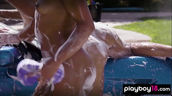 Ebony MILF Misty Stone and her naked big boobed GFs washing a car outdoor