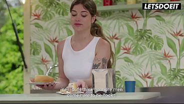 Big-Tit Tattooed Babe Fucked Standing Doggy Outside a Food Truck