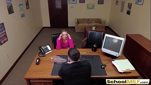 Horny stepdaughter is about to get kicked off campus unless her sexy stepmom Summer Vixen sucks the principal's dick and fucks him hard in her office.