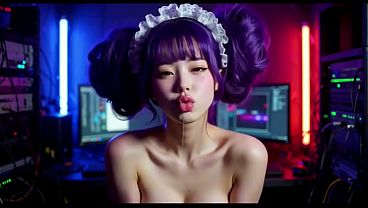 A lovely Asian girl in a cyberpunk computer room office, Ai animation