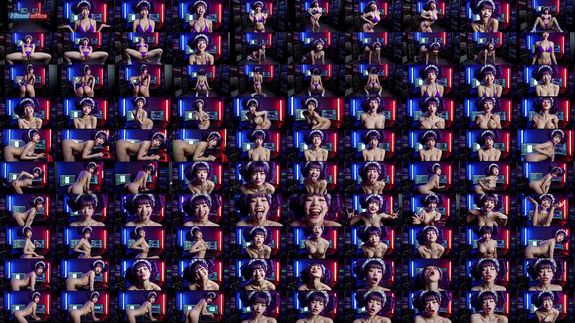 A lovely Asian girl in a cyberpunk computer room office, Ai animation 预览图