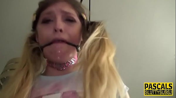 Bound bdsm teen gagging on dick