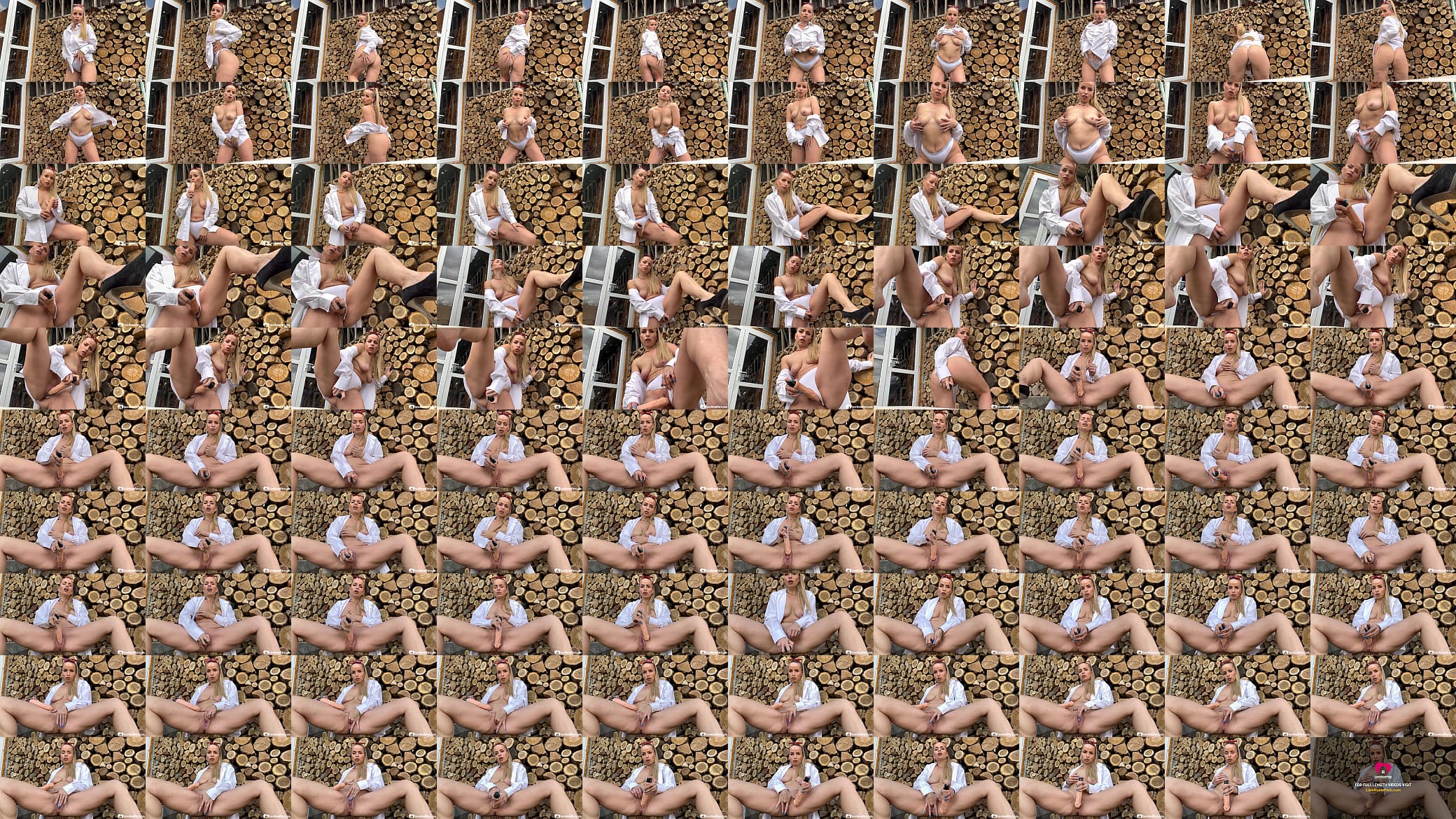 Hot blonde masturbating by some cut logs 预览图