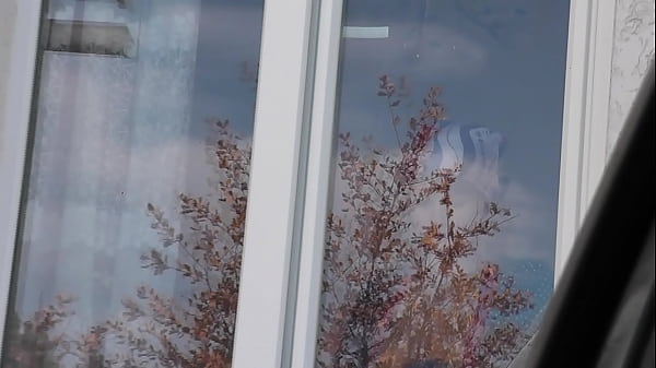 Public nudity. Driver car taxi  saw naked Milf in stockings without panties, which washes apartment window