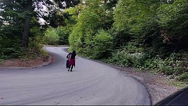 Redhead slavegirl locked in kneeling stockade gets mouth used by her master before getting cum facial