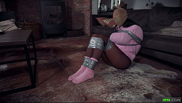 Mila - Dark haired girl next door tied and tape gagged totally helpless panthose encased huge boobs wrap gagged and hooded MILF in Bondage