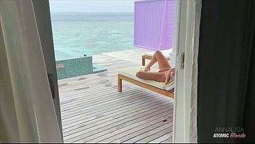 Naked Blonde Masturbates and Gets Fucked the Room Service Waiter Poolside