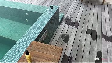 Naked Blonde Masturbates and Gets Fucked the Room Service Waiter Poolside