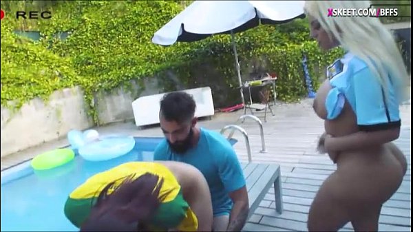 Kinky teen besties giving a nice sloppy blowjob and get their pussies fucked by their soccer coach by the poolside outdoors
