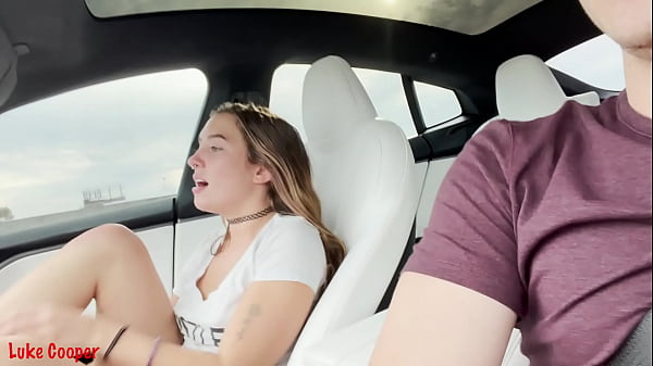 Perfect hot teen girlfriend cowgirl while driving car sex