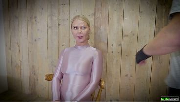 Darina - Blonde russian girl next door tied and gagged in bondage in glossy spandex catsuit EP