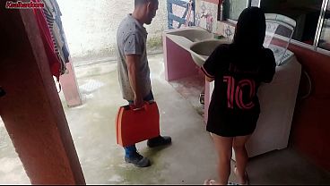 Married housewife pays washing machine repairman with her buttocks while husband is away.