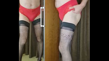 Download Video - Man wearing Red lingerie set and Masturbates on it