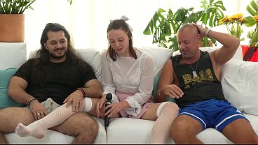 SEX REALITY! Silly Russian slut gets FUCKED LIVE and FACIALIZED by 2 guys!