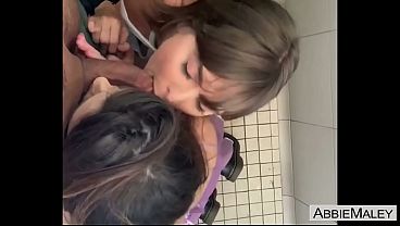 Threesome Blowjob in Public Restroom - Abbie & Riley Suck Strangers Cock