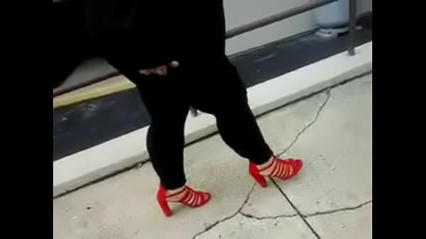 BBW Latina Milf walking with big  thick shapely legs  in leggings and heels (red)