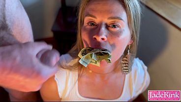 Jade Kink sucking balls, stuffing pussy with a bill, and getting a facial cumshot