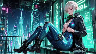 AI-generated- Cyber Agent&#039;s Private Night! The blonde siren in her neon tactical suit lounges seductively inside the high-tech command center.