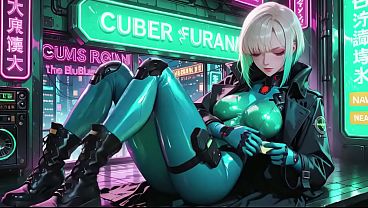 AI-generated- Cyber Agent's Private Night! The blonde siren in her neon tactical suit lounges seductively inside the high-tech command center.