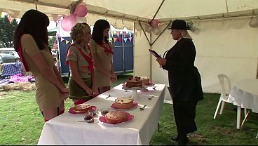 A cum swallow orgy breaks out in tent with big ass babes