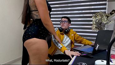 Stepsister interrupts game to suck and ride a big dick with her pink pussy