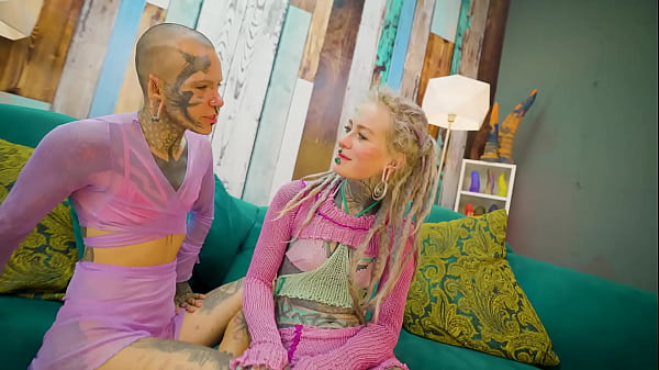 Trans Dark Leaves first time porn with Heavily tattooed couple. ATM, Facial,