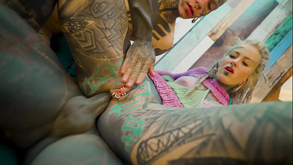 Trans Dark Leaves first time porn with Heavily tattooed couple. ATM, Facial,