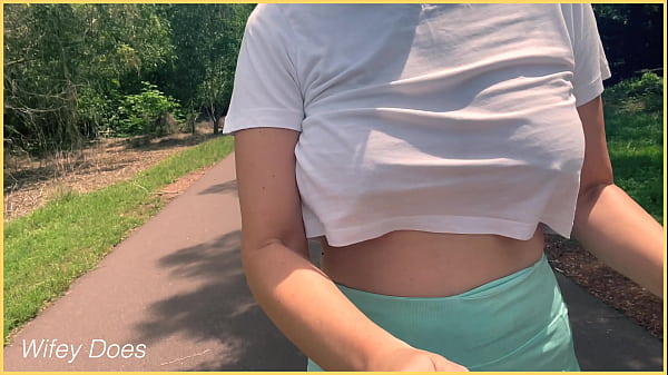 MILF runs braless in public tit flash dare