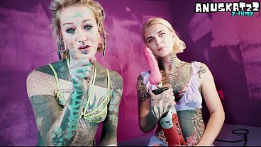 Cute tattoo girl fucks me anal with fuckmachine until I squirt