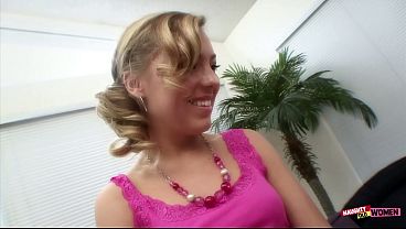 Mature blonde MILF seduces, kisses, and fingers her perfect lesbian girl