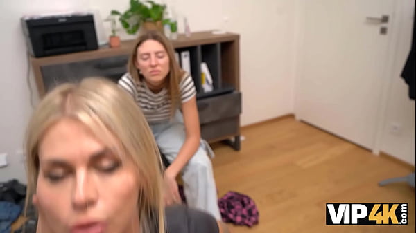 VIP4K. Gorgeous blonde with natural tits came to get a job and to fuck on a tabletop