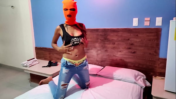 MY BRUNETTE STEPSISTER TELLS ME SHE WANTS TO CELEBRATE HALLOWEEN IN A HOTEL BED. SHE PUT ON A MASK AND SHAKES HER BODY AND HIPS VERY SEXY
