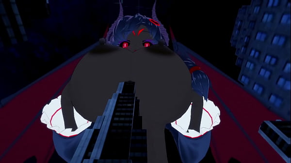 Giant Succubus plays with a building with her tits