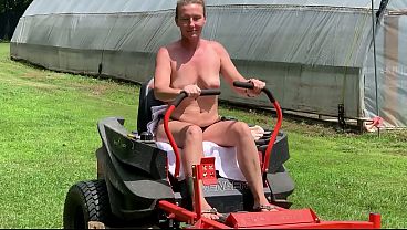 Neighbor&comma; riding lawnmower&comma; naked outdoors