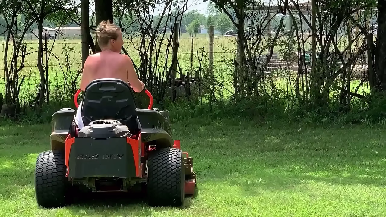 Neighbor, riding lawnmower, naked outdoors