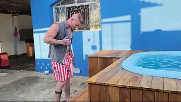 3 slutty girlfriends paying the pool cleaner with a card.