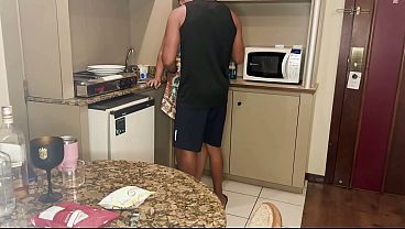 Receiving a little help from the hot neighbor at home and in payment eating the hot neighbor's ass.