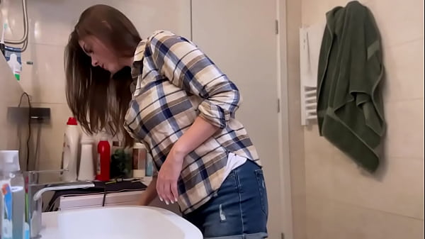 Spying on Step Mother's big boobs while she is cleaning bathroom and make her doing hand job to her step son's big cock